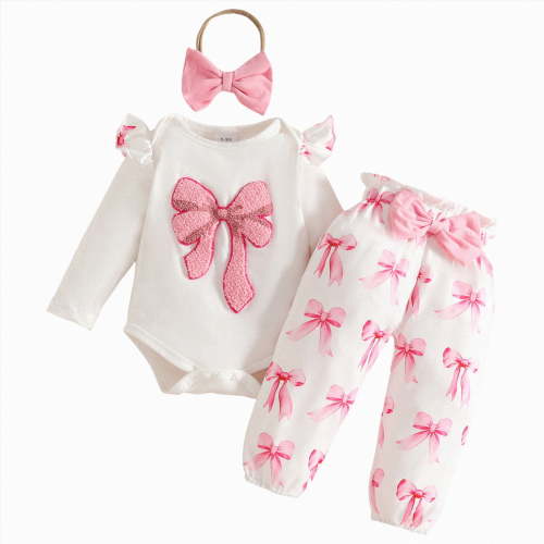TOWED22 Newborn Baby Girl Fall Winter Outfits 3-Piece Clothing Set Long Sleeve Crew Neck Cute Print Romper Bodysuit Pants Headband Jumpsuit Set(Pink,9-12 M)