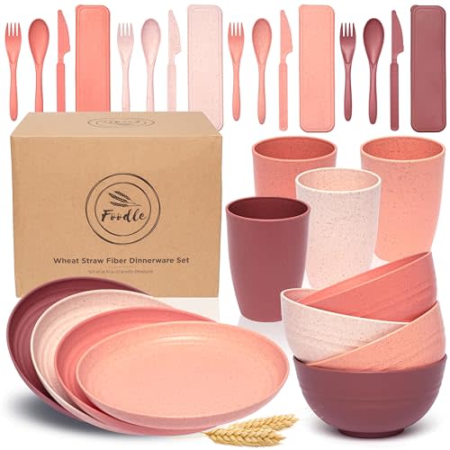FOODLE Wheat Straw Dinnerware Set - BPA Free & Safety Tested - Unbreakable, Microwave & Dishwasher Safe Dishes - Toddler & Kids Plates and Bowls Sets - College Dorm Room Essentials for Girls - For 4