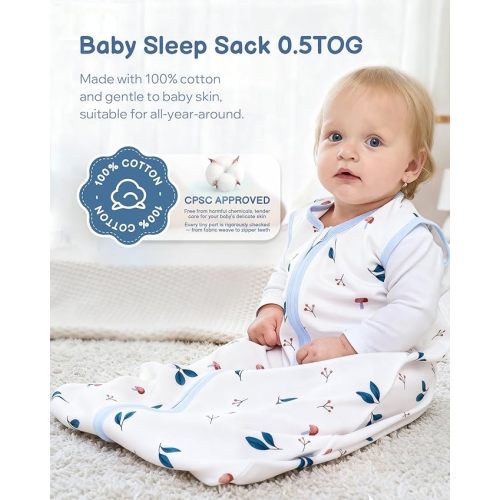 Baby Sleep Sack 0-6 Months, 100% Organic Cotton Wearable Blanket for Babies, 2-Way Zipper TOG 0.5 Lightweight Breathable Baby Sleeping Bag, 4 Sizes-S Animal&Plant&White