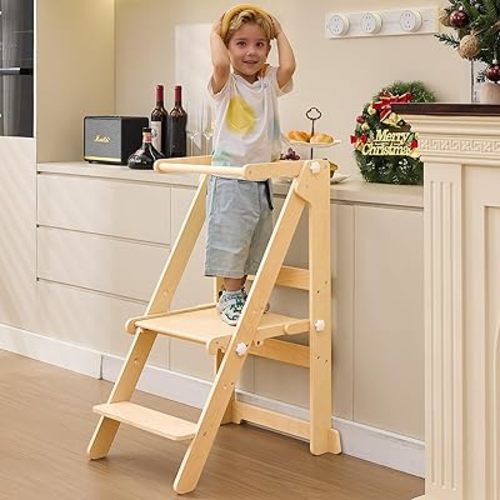 Toddler Kitchen Standing Tower Helper, Adjustable Foldable Kid Montessori Learning Step Stool, Wooden Stool with Safety Raill, Suitable for Counter Bathroom Sink (Natural)