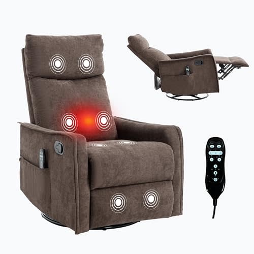 Swivel Rocker Recliner Chair for Adults, Nursery Rocking Chair with Heat and Massage, Glider Reclining Chair for Small Space Living Room Bedroom, Brown