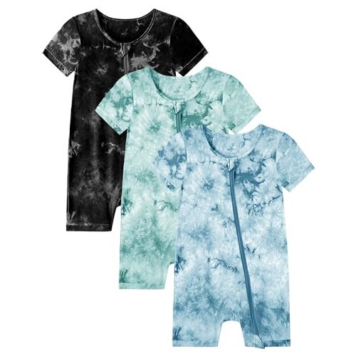 Jimonda Baby Girl Boys Rayon From Bamboo Pajamas 3 Pack Short Sleeve Footless Romper 2 Way Zipper Tie Dye Pjs Sleeper 0-24M