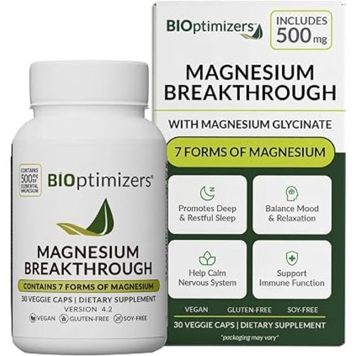 BIOptimizers Magnesium Breakthrough Supplement with 500mg - 7 Forms of Magnesium: Glycinate, Malate, Citrate, and More - Natural Support for Sleep and Cognitive Function -30 Capsules- Calming Vitamins