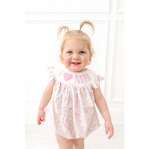 Yellow and Pink Floral "I Love Mom" Smocked Bubble I Poppy Kids Co