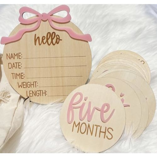 Monthly Baby Milestone Cards for Girls – 13 Wooden 3D Milestone Discs with Hello World Birth Announcement Sign – Newborn Photo Props for Baby Girl