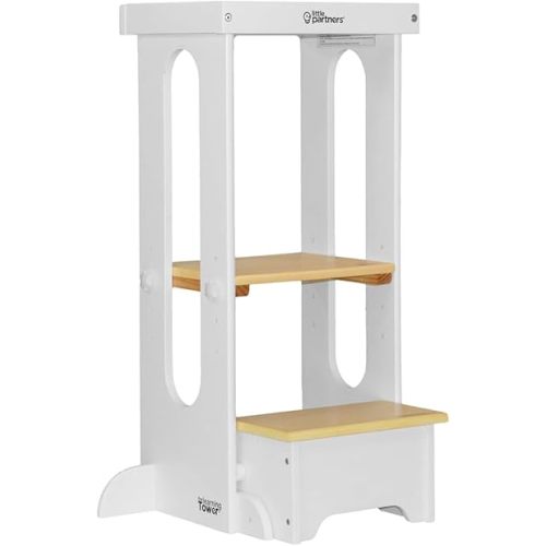 Little Partners Foldable Toddler Tower, Learning Tower Explore 'N Store Montessori Standing Kitchen Tower with Folding Step Stool Platform for Cooking and Learning, Ages 2+ (White w/Natural)