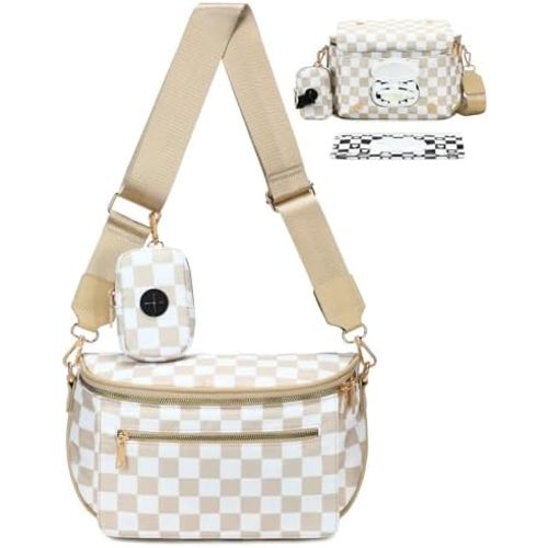 Eslcorri Small Diaper Bag Fanny Pack for Quick Outings, Crossbody Diaper Purse with Built-in Wipes Dispenser, Water-resistant Checkered Belt Bag for Moms Dads, 8L Expandable Capacity