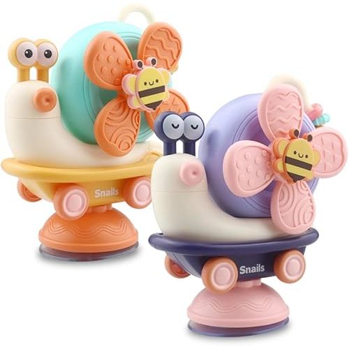 Baby High Chair Suction Toy, Snail Design Spinning Toy with Gears & Beads, Pastel Colors, Detachable Suction Cup for High Chair, Bath, & Table Play (2 Set)