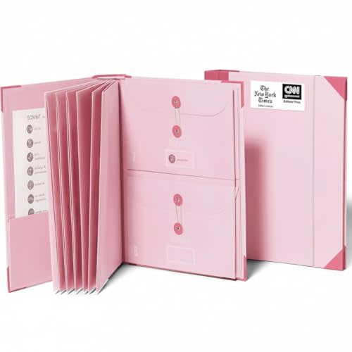 Savor | The Folio Document Organizer 2025 Edition | Acid-Free Custom Dyed Cloth-Bound Accordion File Organizer w/ 13 Expandable Pockets | File Folders for Home Organization & Graduation Gift (Pink)