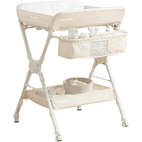 Maydolly Foldable Baby Changing Table 2.0 with Wheels, Adjustable Height Diaper Station, Nursery Organizer & Storage Rack with 2-Step Quick Folding for Compact Storage, for Newborn and Infant(Beige)