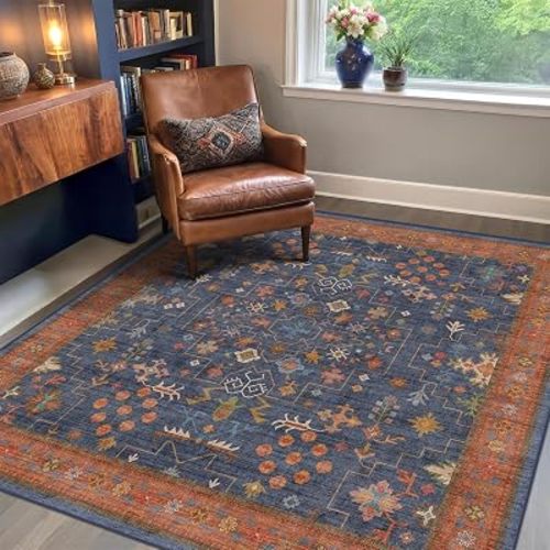 Navy Blue Square Area Rug 6x6 for Reading Corner - Washable Carpet for Living Room, Vintage Boho Geometric Floral & Low Pile Non-Slip (6x6 Navy Blue)
