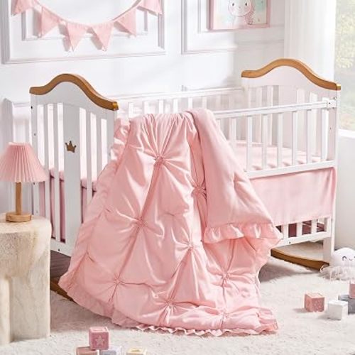 Princess Crib Bedding Set for Girls, 3 Piece Pintuck Baby Crib Bedding Set