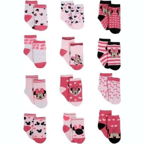 Disney Baby Girl 12 Pack Socks, Newborn Essentials for Girls (0-6M)- Minnie Mouse Black/Pink