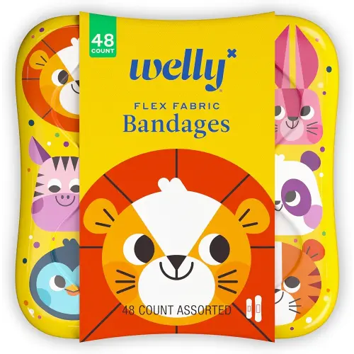 Welly Bandages | Adhesive Flexible Fabric Bravery Badges | Assorted Shapes for Minor Cuts, Scrapes, and Wounds | Colorful and Fun First Aid Tin | Zoo Animals Patterns - 48 Count