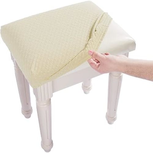 BUYUE Luxury Vanity Bench Stool Cover, (15"- 20") L x (11.8"- 15.7") W Rectangle Small Bench Stretch Jacquard Washable Slipcover (XS, Beige)