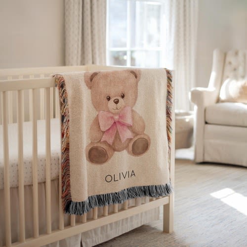 Personalized Teddy Bear Baby Blanket, Custom Name Pink Bow Throw for Girls, Cute Nursery Decor Gift, Soft Bear Baby Girl Blanket Keepsake