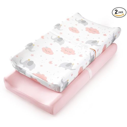 TILLYOU Changing Pad Cover Set in Soft Jersey Material - Fits 32"/34''x16 Contoured Pad for Babies,Elephant & Cloud, Pink