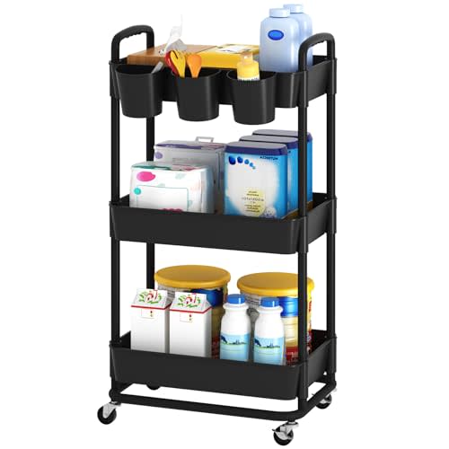 3-Tier Baby Diaper Caddy Organizer Cart with Locking Wheels & Hanging Cups - Rolling Storage Cart for Nursery, Changing Table, Baby Essentials, Black