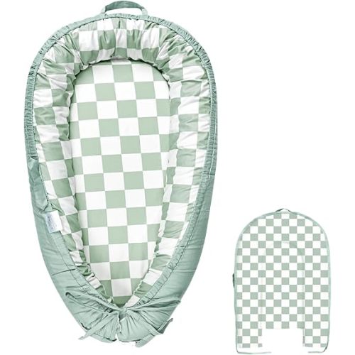 DILIMI Baby Lounger Cover, Cotton Baby Nest Replacement Cover for Girls Boys, Soft Breathable Reversible Newborn Lounger Cover, Green Checkered (Only Cover)