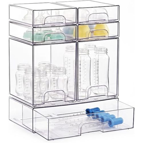 KitHero Stackable Bottle Storage Organizer Baby, Clear Acrylic Storage Drawers with Non-Slip Pads, Ideal for Countertop, Vanity, Bathroom, Kitchen, Cabinet, Pantry, and Office Organization, 7 Pack
