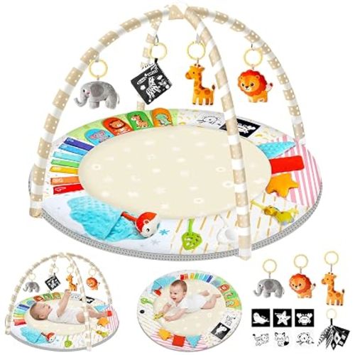 URMYWO Baby Play Gym Mat Tummy Time Mat with 5 Sensory Toys for 0-18 Months