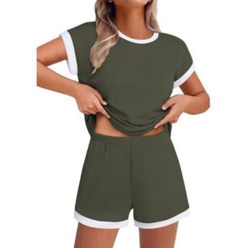 Ekouaer 2 Piece Sets for Women Summer Outfits Cute Stripe Knit T Shirts Shorts Matching Lounge Set Olive Green XL