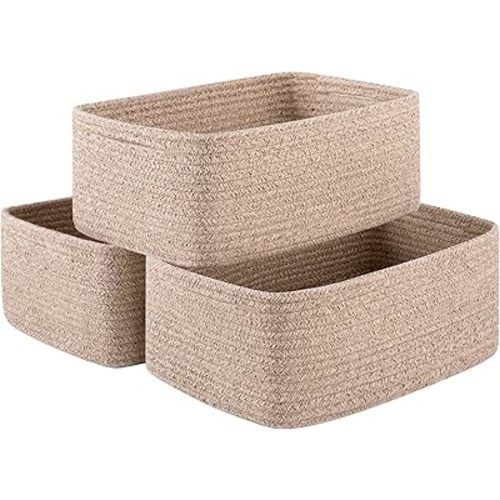 3 Pack Small Storage Baskets for Organizing, Cute Woven Decorative Gift Baskets for Shelves, Mini Closet Organizer Bins with Handles-13''Lx8.66''Wx5.11''H-Brown