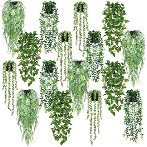 Jexine 16 Pcs Artificial Hanging Plants Fake Hanging Plants with Pots