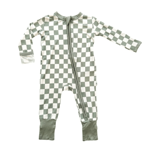 Cozy Zipper Baby Romper - Jade Checker