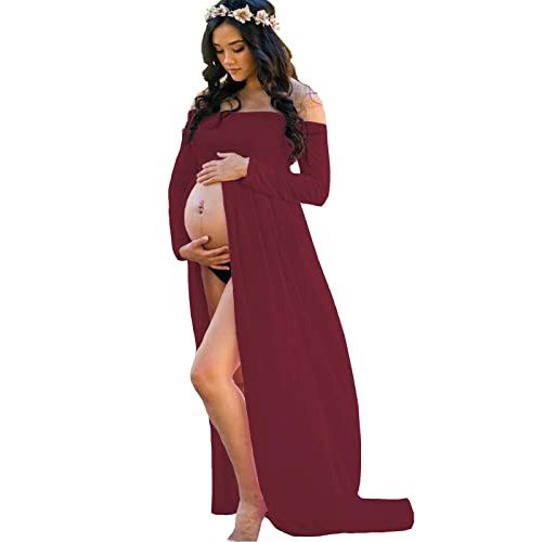 YnimioAOX Women's Off Shoulder Long Sleeve Maternity Dress for Photography Chiffon Maternity Gown for Photoshoot
