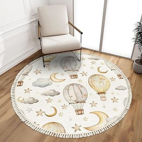 Round Rugs Seamless Pattern hot air Balloons Watercolor Hand Seamless Pattern for Boho Area Rug Linen and Cotton Carpet Meditation Rug Washable Hallway Runner Mat Accent Rug for Bedroom Nursery 4ft