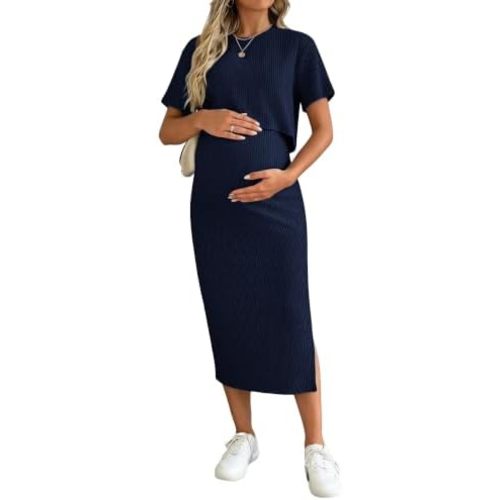 SHENHE Women's Maternity Ribbed 2 Piece Outfits Crop Top Bodycon Midi Skirt