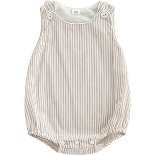 Youweixiong Newborn Baby Boy Girl Striped Romper Sleeveless Cotton Linen Bubble Bodysuit Button Jumpsuit Tank Summer Overalls