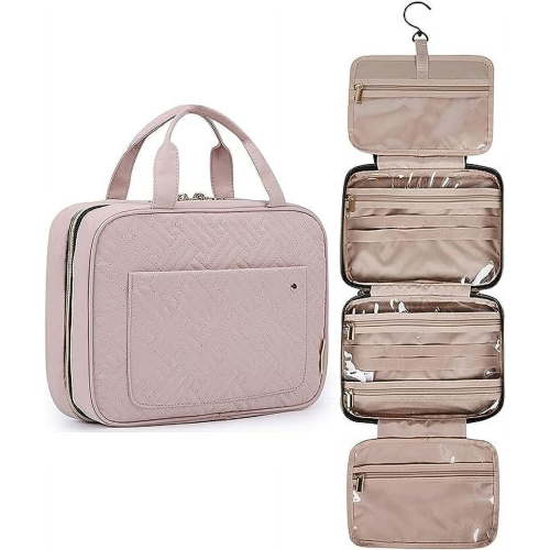 BAGSMART Large Size Travel Toiletry Bag with Hanging Hook, Water-resistant Makeup Cosmetic Bag Organizer for Toiletries Accessories, Travel Essentials, Pink