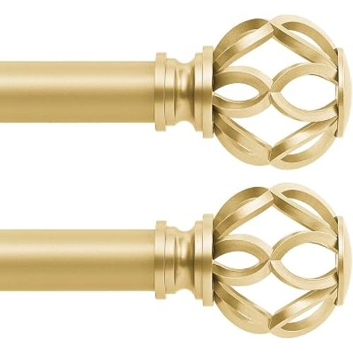 TVWOO Gold Decorative Farmhouse Curtain Rods 2 Pack:36-88" Adjustable Heavy Duty Single Window Curtain Rod for Bedroom Living Room,Gold Boho Rustic Drapery Rods with Vintage Twist Finial Easy Install
