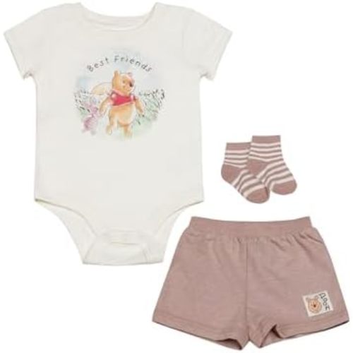 Magic Threadz Clothes Disney Baby Boys 3-Piece Short Set – Mickey, Pooh, Dumbo & Stitch Bodysuit, Shorts & Socks (0-9M)