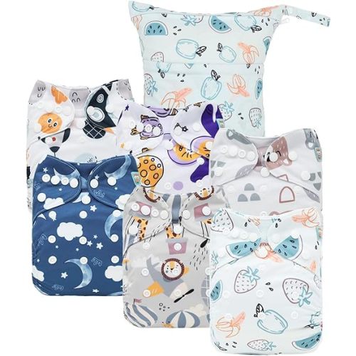 ALVABABY Cloth Diaper Covers 6pcs and 1 Wet Dry Bag, Washable Reusable Diaper Cover with Multi-Functional Bag, Cloth Diaper Shell for Prefold, Flat or Fitted Cloth Diaper Inserts 6NKZ09