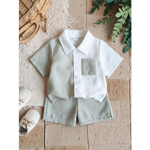 Vintaside Kids Baby Boy Decorated Patch Pocket Lapel Short Sleeve Cardigan And Shorts Set | SHEIN USA