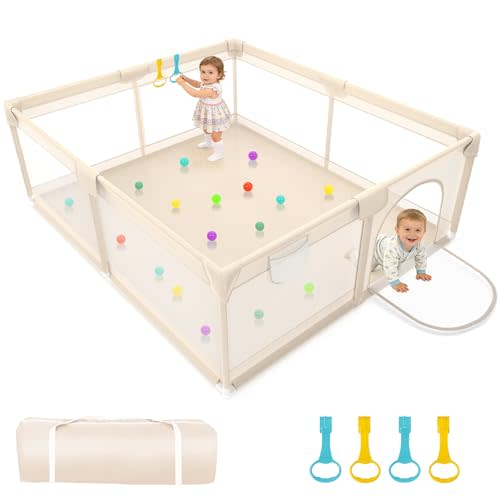 Playpen for Babies and Toddlers 79x71inch - Extra Large Baby Gate Play Pen with Soft Breathable Mesh Cover - Indoor and Outdoor Baby Playard - Portable Playpen for Babies (Apricot)
