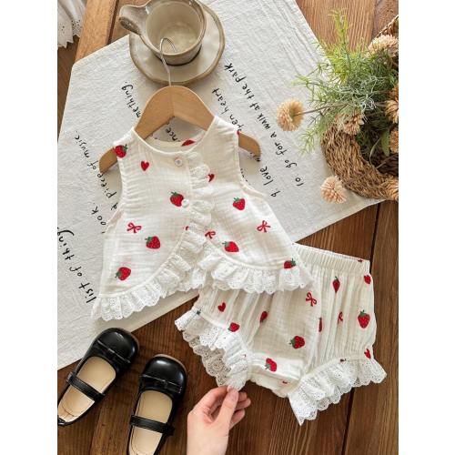 LMoss Kids LMoss 2pcs Baby Girl Woven Strawberry Bow Top And Shorts Outfit Set Baby Girl Strawberry Clothes Strawberry Baby Outfit Linen Sets For Toddler Girl 100 Cotton Two Pieces Set For Baby Girls 2pcs Set Toddler Girls Cute Vintage Style | SHEIN USA