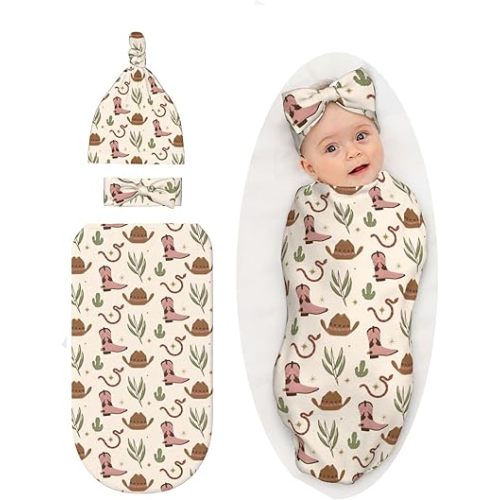 Western Baby Stuff Swaddle Blanket with Hat and Bow Set, Soft Swaddling Sack Shower Gift for Newborn Infant Girls Boys