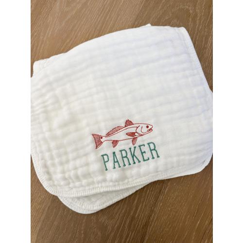 Customized embroidered redfish-themed monogrammed muslin burp cloths. Fishing theme. Redfish burp cloth.