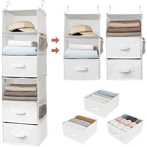 GRANNY SAYS 6-Shelf Hanging Closet Organizer, Separable to 2 Pack 3-Shelf Hanging Closet Organizers with Drawers, White Hanging Storage Clothes Organiser, Fabric Wardrobe Tidy, Rangement Garde Robe