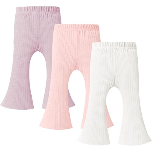 3 Pack Baby Girls Pants Solid Ruffled Ribbed Toddler Flared Pants Newborn Bell Bottoms Infant Leggings