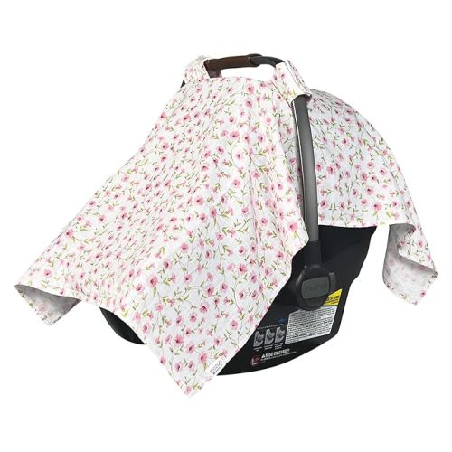 MOZAH Baby Car Seat Cover - Pink Floral Leaves - 100% Organic Muslin - Soft, Breathable and Lightweight, Baby Infant Car Seat Essentials