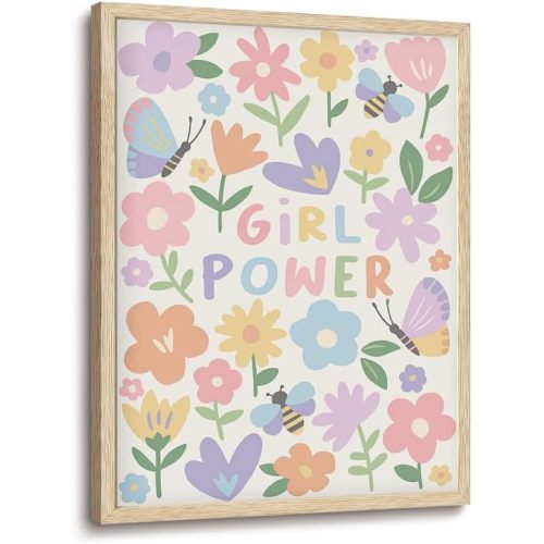 Girl Power OAK Framed Wall Art Girl Nursery Inspirational Canvas Wall Art Motivational Prints Encourage Pictures Floral Bee Butterfly Decor for Children Bedroom Playroom 12x16