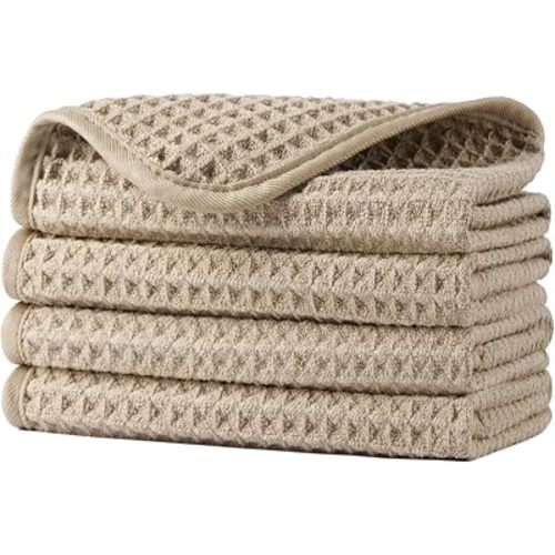POLYTE 430 GSM Microfiber Lint Free Washcloth Face Towel, 13 x 13 in, 4 Pack (Waffle Weave)