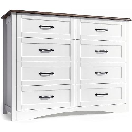 Gizoon 8 Drawer Dresser for Bedroom,Larger Chest of Drawers with Mental Handle for Kids Room, White Dresser with 8 Storage Drawers for Living Room, Entryway and Hallway, White and Rustic
