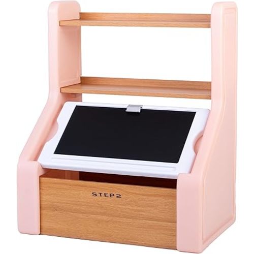 Step2 Harmony Toy Storage Box, Wood and Plastic, Shelves for Books, Toy Storage Bin with Chalkboard Lid and Clip, Easel and Toy Organizer in One, Rose Pink