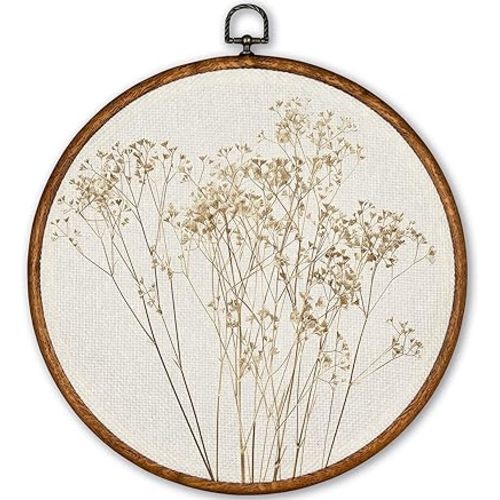 TLESKE Beige Fall Rustic Botanical Round Wall Art Decor, Autumn Boho Wildflower Floral Framed Canvas Prints Artwork, Neutral Vintage Wall Hanging Door Decor for Farmhouse Bedroom Living Room, Home Décor Products 10x10in